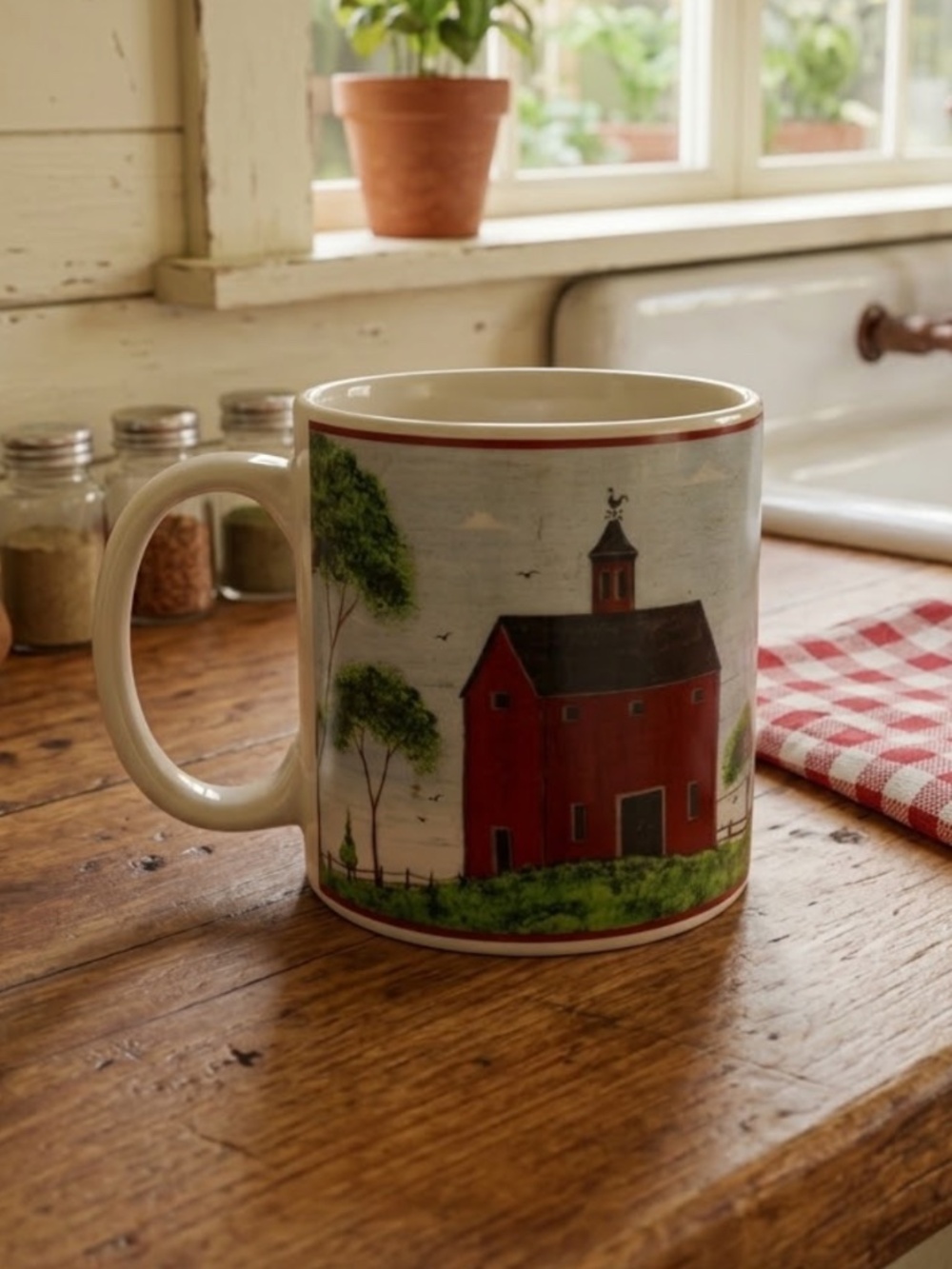 Vintage Sakura 1990s Warren Kimble White Ceramic Coffee Mug - BARNS